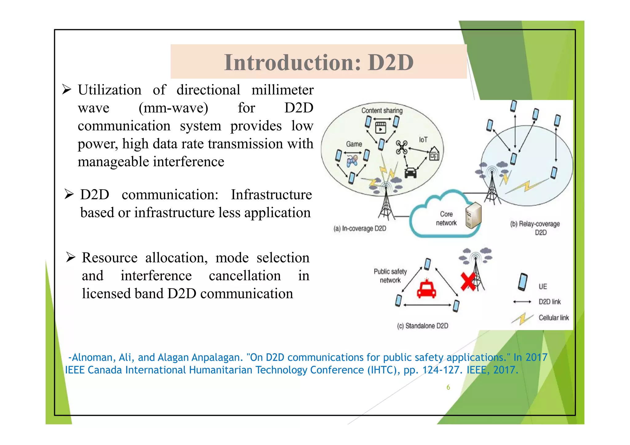 Introduction: D2D
Introduction: D2D
 Utilization of directional millimeter
wave (mm-wave) for D2D
communication system provides low
power, high data rate transmission with
manageable interference
 Resource allocation, mode selection
and interference cancellation in
licensed band D2D communication
-Alnoman, Ali, and Alagan Anpalagan. "On D2D communications for public safety applications." In 2017
IEEE Canada International Humanitarian Technology Conference (IHTC), pp. 124-127. IEEE, 2017.
6
 D2D communication: Infrastructure
based or infrastructure less application
 