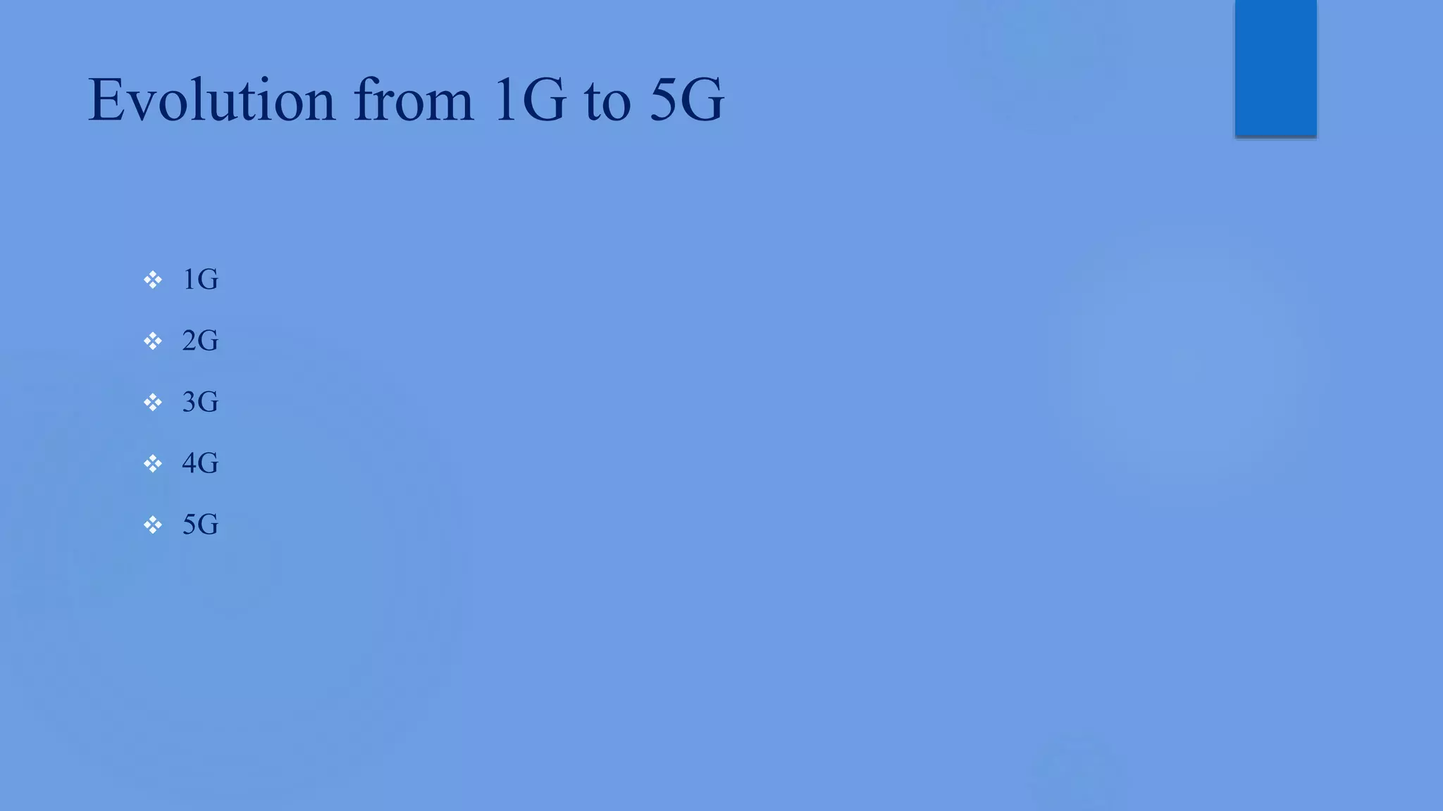 Evolution from 1G to 5G
 1G
 2G
 3G
 4G
 5G
 