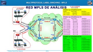 Profesor Daniel Díaz Ataucuri ddiaz1610@gmail.com2018
MULTIPROTOCOL LABEL SWICHING - MPLSMULTIPROTOCOL LABEL SWICHING - MPLS
RED MPLS DE ANÁLISIS
P1
PE2
211.1.1.0/24
.1
.1
.1
....
.... ....
.1
....
Rb
Rc
LAN UNI
LAN UNMSM
LAN UPAO LAN INICTEL-UNI
P3
212.2.2.0/24
213.3.3.0/24
214.4.4.0/24
Rd
Ra
.1
PE1
P2 P4
70.7.7.4/30
70.7.7.24/30
70.7.7.0/30
70.7.7.8/30
70.7.7.12/30
70.7.7.16/30
70.7.7.20/30
70.7.7.28/30
.1
.2
.5 .6
.25 .26
.17
.18
.21
.22
.13
.14
.29
.30
.9
.10
C
osto
1
C
osto
4
C
osto
4
C
osto
1
Costo2
Costo 1
Costo 8
Costo3
80.8.8.0/30
80.8.8.4/30
80.8.8.8/30
80.8.8.12/30
.1
.2
.5
.6
.9
.10
.13
.14
Costo 1
Costo 1
Costo
1
Costo 1
Fa0/1
Fa1/1
Fa0/0
Fa1/0
Fa0/0 Fa0/1
Fa1/0
Fa1/1
Fa1/0 Fa0/0
Fa0/1
Fa0/0
Fa0/1
Fa1/0
Fa1/0
Fa1/1
Fa0/1
Fa0/1
Fa0/0
Fa1/0
Fa0/1
Fa0/1
P1#show ip cef fastEthernet 0/1
Prefix Next Hop Interface
70.7.7.4/30 attached FastEthernet0/1
70.7.7.6/32 70.7.7.6 FastEthernet0/1
P1#show ip cef fastEthernet 0/0
Prefix Next Hop Interface
70.7.7.0/30 attached FastEthernet0/0
70.7.7.1/32 70.7.7.1 FastEthernet0/0
70.7.7.12/30 70.7.7.1 FastEthernet0/0
80.8.8.0/30 70.7.7.1 FastEthernet0/0
80.8.8.4/30 70.7.7.1 FastEthernet0/0
211.1.1.0/24 70.7.7.1 FastEthernet0/0
212.2.2.0/24 70.7.7.1 FastEthernet0/0
P1#
P1#show ip cef fastEthernet 1/0
Prefix Next Hop Interface
70.7.7.8/30 70.7.7.18 FastEthernet1/0
70.7.7.16/30 attached FastEthernet1/0
70.7.7.18/32 70.7.7.18 FastEthernet1/0
70.7.7.20/30 70.7.7.18 FastEthernet1/0
70.7.7.24/30 70.7.7.18 FastEthernet1/0
70.7.7.28/30 70.7.7.18 FastEthernet1/0
80.8.8.8/30 70.7.7.18 FastEthernet1/0
80.8.8.12/30 70.7.7.18 FastEthernet1/0
213.3.3.0/24 70.7.7.18 FastEthernet1/0
214.4.4.0/24 70.7.7.18 FastEthernet1/0
 