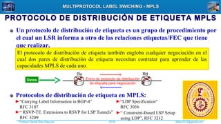 Profesor Daniel Díaz Ataucuri ddiaz1610@gmail.com2018
MULTIPROTOCOL LABEL SWICHING - MPLSMULTIPROTOCOL LABEL SWICHING - MPLS
PROTOCOLO DE DISTRIBUCIÓN DE ETIQUETA MPLS
Un protocolo de distribución de etiqueta es un grupo de procedimiento por
el cual un LSR informa a otro de las relaciones etiquetas/FEC que tiene
que realizar.
El protocolo de distribución de etiqueta también engloba cualquier negociación en el
cual dos pares de distribución de etiqueta necesitan contratar para aprender de las
capacidades MPLS de cada uno.
Ru Rd
Envío de protocolo de distribución
de etiqueta para negociación
Datos
►“Carrying Label Information in BGP-4”
RFC 3107
►“ RSVP-TE: Extensions to RSVP for LSP Tunnels”
RFC 3209
►“LDP Specification”
RFC 3036
►“ Constraint-Based LSP Setup
using LDP”, RFC 3212
Protocolos de distribución de etiqueta en MPLS:
 