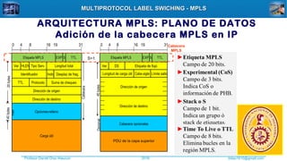 Profesor Daniel Díaz Ataucuri ddiaz1610@gmail.com2018
MULTIPROTOCOL LABEL SWICHING - MPLSMULTIPROTOCOL LABEL SWICHING - MPLS
ARQUITECTURA MPLS: PLANO DE DATOS
Adición de la cabecera MPLS en IP
Opciones-relleno
Ver HLEN Tipo Serv. Longitud total
Identificador Desplaz de frag.Indic
TTL Protocolo Suma de chequeo
Dirección de origen
Dirección de destino
Carga útil
0 4 8 16 19 31
40bytes
max
20bytes
DS Etiqueta de flujo
Dirección de origen
40bytes
Ver
Longitud de carga útil Límite saltoCabe.sigte
Dirección de destino
PDU de la capa superior
Cabecera opcionales
Dirección de origen
Opcional
0 4 8 16 19 31
Cabecera
Cabecera
MPLS
S=1
 
