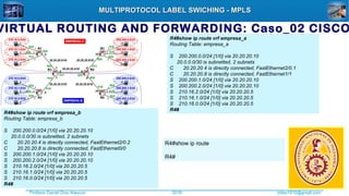 Profesor Daniel Díaz Ataucuri ddiaz1610@gmail.com2018
MULTIPROTOCOL LABEL SWICHING - MPLSMULTIPROTOCOL LABEL SWICHING - MPLS
R4#show ip route vrf empresa_b
Routing Table: empresa_b
S 200.200.0.0/24 [1/0] via 20.20.20.10
20.0.0.0/30 is subnetted, 2 subnets
C 20.20.20.4 is directly connected, FastEthernet2/0.2
C 20.20.20.8 is directly connected, FastEthernet0/0
S 200.200.1.0/24 [1/0] via 20.20.20.10
S 200.200.2.0/24 [1/0] via 20.20.20.10
S 210.16.2.0/24 [1/0] via 20.20.20.5
S 210.16.1.0/24 [1/0] via 20.20.20.5
S 210.16.0.0/24 [1/0] via 20.20.20.5
R4#
VIRTUAL ROUTING AND FORWARDING: Caso_02 CISCO
R4#show ip route vrf empresa_a
Routing Table: empresa_a
S 200.200.0.0/24 [1/0] via 20.20.20.10
20.0.0.0/30 is subnetted, 2 subnets
C 20.20.20.4 is directly connected, FastEthernet2/0.1
C 20.20.20.8 is directly connected, FastEthernet1/1
S 200.200.1.0/24 [1/0] via 20.20.20.10
S 200.200.2.0/24 [1/0] via 20.20.20.10
S 210.16.2.0/24 [1/0] via 20.20.20.5
S 210.16.1.0/24 [1/0] via 20.20.20.5
S 210.16.0.0/24 [1/0] via 20.20.20.5
R4#
R4#show ip route
R4#
 