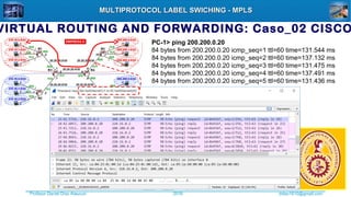 Profesor Daniel Díaz Ataucuri ddiaz1610@gmail.com2018
MULTIPROTOCOL LABEL SWICHING - MPLSMULTIPROTOCOL LABEL SWICHING - MPLS
VIRTUAL ROUTING AND FORWARDING: Caso_02 CISCO
PC-1> ping 200.200.0.20
84 bytes from 200.200.0.20 icmp_seq=1 ttl=60 time=131.544 ms
84 bytes from 200.200.0.20 icmp_seq=2 ttl=60 time=137.132 ms
84 bytes from 200.200.0.20 icmp_seq=3 ttl=60 time=131.475 ms
84 bytes from 200.200.0.20 icmp_seq=4 ttl=60 time=137.491 ms
84 bytes from 200.200.0.20 icmp_seq=5 ttl=60 time=131.436 ms
 