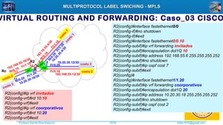 Profesor Daniel Díaz Ataucuri ddiaz1610@gmail.com2018
MULTIPROTOCOL LABEL SWICHING - MPLSMULTIPROTOCOL LABEL SWICHING - MPLS
VIRTUAL ROUTING AND FORWARDING: Caso_03 CISCO
R2(config)#interface fastethernet0/0
R2(config-if)#no shutdown
R2(config-if)#exit
R2(config)#interface fastethernet0/0.10
R2(config-subif)#ip vrf forwarding invitados
R2(config-subif)#encapsulation dot1Q 10
R2(config-subif)#ip address 192.168.55.6 255.255.255.252
R2(config-subif)#no shutdown
R2(config-subif)#ip ospf cost 7
R2(config-subif)#exit
R2(config)#
R2(config)#interface fastethernet1/1.20
R2(config-subif)#ip vrf forwarding coorporativos
R2(config-subif)#encapsulation dot1Q 20
R2(config-subif)#ip address 10.20.30.18 255.255.255.252
R2(config-subif)#no shutdown
R2(config-subif)#ip ospf cost 2
R2(config-subif)#exit
R2(config)#ip vrf invitados
R2(config-vrf)#rd 10:10
R2(config-vrf)#exit
R2(config)#ip vrf coorporativos
R2(config-vrf)#rd 10:20
R2(config-vrf)#exit
R2
Rc
192.16.55.4/30
10.20.30.4/30
192.168.55.12/30
10.20.30.12/30
192.168.55.16/30
10.20.30.16/30
.6
.18
.17 .18
.17
.6
.13 .14
.13 .14
f1/1.10
f0/0.10
f1/0.20
f1/1.10
f0/0.10
f1/1.20
f1/0.10
f0/0.20
f1/1.20
f0/0.20
f0/0
f1/0
f1/1
costo
7
costo 2
costo 2
costo
1
costo 2
costo 2
 