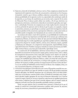 2. Expresión y desarrollo de habilidades y destrezas motrices. Esta competencia orienta hacia la
    importancia de la expresión como forma de comunicación e interacción en el ser humano,
    el propósito central es que el alumno establezca relaciones comunicativas a través de las
    diversas posibilidades de la expresión motriz. La corporeidad cobra sentido por medio de
    la expresión, en sus formas de manifestarse, ya sea escrita, oral o corporal. En la sesión
    de Educación Física el alumno puede utilizar esos medios, a fin de que exteriorice sus
    percepciones, emociones y sentimientos, traducidas en movimientos gestuales, sean expre-
    sivos o actitudinales. Fomentar esta competencia en el niño implica hacerlo consciente de
    su forma particular de expresarse ante los demás, lo que le ayuda a ser aceptado y mejorar
    su autoestima; asimismo, su aprendizaje se construye a partir de la investigación y toma de
    conciencia producto de las sensaciones y percepciones inherentes a cada acción motriz; se
    consolida cuando es integrada como herramienta de uso común en la vida del niño.
          La enseñanza de valores a través de la expresión y sus posibilidades de manifestación
    se vuelve un aspecto muy importante en el desarrollo de las sesiones que conforman esta
    competencia. Primero, al mostrar los valores de tipo personal (voluntad, libertad, felici-
    dad, amistad), luego los sociales (igualdad, paz, seguridad, equidad, inclusión, solidaridad,
    cooperación), después los morales (valentía, cortesía, amor, tolerancia, respeto, equidad)
    y, finalmente, los inherentes a la competencia (autosuperación, responsabilidad, astucia,
    capacidad de decisión). También se propone estimular, de manera permanente, las habili-
    dades motrices básicas como base para el desarrollo y aprendizaje motor.
          La construcción de las habilidades y destrezas motrices básicas se logra a partir del
    desarrollo de movimientos de locomoción (reptar, gatear, caminar, trotar, correr y saltar),
    de manipulación (lanzamientos, botar, rodar, jalar, empujar, mover objetos con ayuda de
    otros implementos, golpear, patear, atrapar, controlar objetos con diferentes partes del
    cuerpo) y de estabilidad (giros, flexiones, balanceo, caídas y el control del centro de grave-
    dad). En esta clasificación de movimientos se incluyen todos aquellos cuya combinación,
    producto de la práctica variable, permiten el enriquecimiento de la base motriz del alum-
    no; en otro sentido, las habilidades motrices básicas nos llevan a las complejas y éstas, a su
    vez, a la iniciación deportiva y al deporte escolar.
 3. Control de la motricidad para el desarrollo de la acción creativa. El propósito central de esta com-
    petencia es que el alumno sea capaz de controlar su cuerpo, a fin de que produzca respuestas
    motrices adecuadas a las distintas situaciones que se le presentan, tanto en la vida escolari-
    zada como en los diversos contextos donde convive. Controlar la motricidad, como compe-
    tencia educativa implica apropiarse de una serie de elementos relacionados con el esquema
    corporal, la imagen corporal y la conciencia corporal, los cuales buscan un equilibrio permanente
    entre tensión y relajación, para que el tono muscular adquiera cada vez mayores niveles de
    relajación, sirviendo como base para desarrollar actividades cinéticas y posturales.
          Existe una gran relación entre la actividad tónica postural y cerebral, por lo que al
    atender el control de la motricidad intervenimos también sobre procesos de atención,
    manejo de emociones y desarrollo de la personalidad del alumno.

288
 