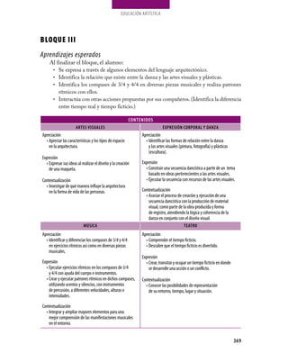EDUCaCión aRTíSTiCa




BLOQUE III
Aprendizajes esperados
    Al finalizar el bloque, el alumno:
     •	 Se expresa a través de algunos elementos del lenguaje arquitectónico.
     •	 Identifica la relación que existe entre la danza y las artes visuales y plásticas.
     •	 Identifica los compases de 3/4 y 4/4 en diversas piezas musicales y realiza patrones
        rítmicos con ellos.
     •	 Interactúa con otras acciones propuestas por sus compañeros. (Identifica la diferencia
        entre tiempo real y tiempo ficticio.)

                                                           CONtENIDOs
                      ArtEs VIsUALEs                                          EXPrEsIÓN COrPOrAL Y DANZA
Apreciación                                                     Apreciación
  •	 Apreciar las características y los tipos de espacio          •	 Identificar las formas de relación entre la danza
     en la arquitectura.                                             y las artes visuales (pintura, fotografía) y plásticas
                                                                     (escultura).
Expresión
  •	 Expresar sus ideas al realizar el diseño y la creación     Expresión
     de una maqueta.                                              •	 Construir una secuencia dancística a partir de un tema
                                                                     basado en obras pertenecientes a las artes visuales.
Contextualización                                                 •	 Ejecutar la secuencia con recursos de las artes visuales.
  •	 Investigar de qué manera influye la arquitectura
     en la forma de vida de las personas.                       Contextualización
                                                                  •	 Asociar el proceso de creación y ejecución de una
                                                                     secuencia dancística con la producción de material
                                                                     visual, como parte de la obra producida y forma
                                                                     de registro, atendiendo la lógica y coherencia de la
                                                                     danza en conjunto con el diseño visual.
                           MÚsICA                                                           tEAtrO
Apreciación                                                     Apreciación
  •	 Identificar y diferenciar los compases de 3/4 y 4/4          •	 Comprender el tiempo ficticio.
     en ejercicios rítmicos así como en diversas piezas           •	 Descubre que el tiempo ficticio es divertido.
     musicales.
                                                                Expresión
Expresión                                                         •	 Crear, transitar y ocupar un tiempo ficticio en donde
  •	 Ejecutar ejercicios rítmicos en los compases de 3/4             se desarrolle una acción o un conflicto.
     y 4/4 con ayuda del cuerpo e instrumentos.
  •	 Crear y ejecutar patrones rítmicos en dichos compases,     Contextualización
     utilizando acentos y silencios, con instrumentos             •	 Conocer las posibilidades de representación
     de percusión, a diferentes velocidades, alturas e               de su entorno, tiempo, lugar y situación.
     intensidades.

Contextualización
  •	 Integrar y ampliar mayores elementos para una
     mejor comprensión de las manifestaciones musicales
     en el entorno.


                                                                                                                              369
 