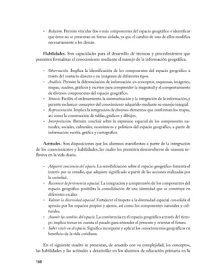 160
Relación.•	 Permite vincular dos o más componentes del espacio geográfico e identificar
que éstos no se presentan en forma aislada, ya que el cambio de uno de ellos modifica
necesariamente a los demás.
Habilidades. Son capacidades para el desarrollo de técnicas y procedimientos que
permiten formalizar el conocimiento mediante el manejo de la información geográfica.
Observación.•	 Implica la identificación de los componentes del espacio geográfico a
través del contacto directo o en imágenes de diferentes tipos.
Análisis.•	 Permite la diferenciación de información en conceptos, esquemas, imágenes,
mapas, cuadros, gráficos y escritos para comprender la magnitud y el comportamiento
de diversos componentes del espacio geográfico.
Síntesis•	 . Facilita el ordenamiento, la sistematización y la integración de la información, y
permite esclarecer conceptos del conocimiento adquirido mediante su manejo integral.
Representación•	 .Implica la integración de diversos elementos que conforman los mapas,
así como la construcción de tablas, gráficos y dibujos.
Interpretación.•	 Permite concluir sobre la expresión espacial de los componentes na-
turales, sociales, culturales, económicos y políticos del espacio geográfico, a partir de
información escrita, gráfica y cartográfica.
Actitudes. Son disposiciones que los alumnos manifiestan a partir de la integración
de los conocimientos y habilidades, las cuales les permiten desenvolverse de manera re-
flexiva en la vida diaria.
Adquirir conciencia del espacio•	 . La sensibilización sobre el espacio geográfico fomenta el
interés por su estudio, que adquiere significado a partir de las acciones realizadas por
la sociedad.
Reconocer la pertenencia espacial•	 . La integración y comprensión de los componentes del
espacio geográfico posibilita la consolidación de una identidad que se construye en
diferentes escalas.
Valorar la diversidad espacial•	 . Fortalecer el respeto a la diversidad espacial consolida el
aprecio por los espacios propios y ajenos, así como los componentes naturales y cul-
turales.
Asumir los cambios del espacio•	 . La convivencia en el espacio geográfico a través del tiem-
po implica tomar en cuenta el pasado para entender el presente y orientar el futuro.
Saber vivir en el espacio•	 .Significa incorporar y aplicar los conocimientos geográficos en
beneficio de la vida cotidiana.
En el siguiente cuadro se presentan, de acuerdo con su complejidad, los conceptos,
las habilidades y las actitudes a desarrollar en los alumnos de educación primaria en la
 