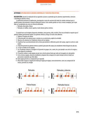 educación física
315
Actividad EXPLORACIÓN DE SONIDOS CORPORALES Y TARJETAS PARA RITMO
Descripción: durante la realización de las siguientes acciones se pretende que los alumnos experimenten, vivencien
e identifiquen distintos ritmos.
La polirritmia promueve la exploración, investigación y toma de conciencia de todos los sonidos exteriores que se
pueden producir percutiendo el cuerpo de diferentes formas. Estos sonidos pueden ser más o menos complejos, por lo que
debe ser considerado esto como un criterio de dificultad:
Palmadas ahuecadas o llanas.•	
Palmadas en rodillas, muslo-superior, muslo-lateral, pecho, etcétera.•	
Se puede hacer uso de objetos dispuestos alrededor, como puertas, sillas, etcétera. Para esta actividad se requiere que el
profesor elabore previamente tarjetas con patrones rítmicos y tenga a la mano cinta adhesiva.
Elaborar 10 tarjetas de ritmos.1.	
El docente pide a los alumnos que se sienten en un semicírculo y explica la actividad.2.	
Muestra a los alumnos los 10 patrones rítmicos de las tarjetas.3.	
El profesor hace una demostración de los ritmos percutiendo en diferentes partes del cuerpo, según lo escrito en cada4.	
tarjeta.
Eldocentepresentalospatronesrítmicosusandolapercusióndelcuerpoylosestudiantesimitandespuésdecadauna.5.	
La clase se divide en tres equipos.6.	
Los 10 patrones rítmicos se arreglan en el pizarrón en grupos: tres, cuatro, tres, por ejemplo: una serie se le asigna a7.	
cada equipo de estudiantes.
El maestro conduce a cada equipo uno por uno y rota las piezas hasta que cada uno ha jugado con cada patrón.8.	
En los mismos equipos, ahora los estudiantes componen dos compases de cuatro tiempos (ocho en total) con9.	
percusiones corporales que ellos elijen.
10. Cada equipo presenta su composición por separado.
11. Ahora todo el grupo se organiza de modo que equipo por equipo, consecutivamente, como una composición de
música, presenta sus arreglos
4
4
1.
Palmadas
4
4
Frotrar brazos
3. 4
4
Palmadas huecas
4.
4
4
2.
Palmadas y silencios
 