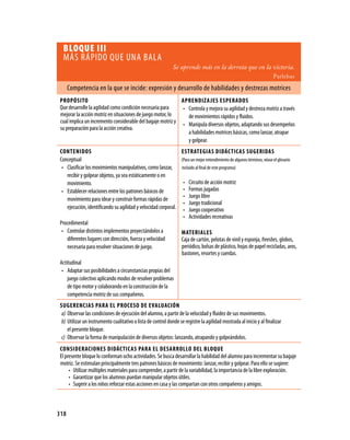 318
BLOQUE III
MÁS RÁPIDO QUE UNA BALA
Se aprende más en la derrota que en la victoria.
Parlebas
Competencia en la que se incide: expresión y desarrollo de habilidades y destrezas motrices
PROPÓSITO
Que desarrolle la agilidad como condición necesaria para
mejorar la acción motriz en situaciones de juego motor, lo
cual implica un incremento considerable del bagaje motriz y
su preparación para la acción creativa.
APRENDIZAJES ESPERADOS
Controla y mejora su agilidad y destreza motriz a través•	
de movimientos rápidos y fluidos.
Manipula diversos objetos, adaptando sus desempeños•	
a habilidades motrices básicas, como lanzar, atrapar
y golpear.
CONTENIDOS
Conceptual
Clasificar los movimientos manipulativos, como lanzar,•	
recibir y golpear objetos, ya sea estáticamente o en
movimiento.
Establecer relaciones entre los patrones básicos de•	
movimiento para idear y construir formas rápidas de
ejecución, identificando su agilidad y velocidad corporal.
Procedimental
Controlar distintos implementos proyectándolos a•	
diferentes lugares con dirección, fuerza y velocidad
necesaria para resolver situaciones de juego.
Actitudinal
Adaptar sus posibilidades a circunstancias propias del•	
juego colectivo aplicando modos de resolver problemas
de tipo motor y colaborando en la construcción de la
competencia motriz de sus compañeros.
ESTRATEGIAS DIDÁCTICAS SUGERIDAS
(Para un mejor entendimiento de algunos términos, véase el glosario
incluido al final de este programa)
Circuito de acción motriz•	
Formas jugadas•	
Juego libre•	
Juego tradicional•	
Juego cooperativo•	
Actividades recreativas•	
MATERIALES
Caja de cartón, pelotas de vinil y esponja, freesbes, globos,
periódico, bolsas de plástico, hojas de papel recicladas, aros,
bastones, resortes y cuerdas.
SUGERENCIAS PARA EL PROCESO DE EVALUACIÓN
Observar las condiciones de ejecución del alumno, a partir de la velocidad y fluidez de sus movimientos.a)	
Utilizar un instrumento cualitativo o lista de control donde se registre la agilidad mostrada al inicio y al finalizarb)	
el presente bloque.
Observar la forma de manipulación de diversos objetos: lanzando, atrapando y golpeándolos.c)	
CONSIDERACIONES DIDÁCTICAS PARA EL DESARROLLO DEL BLOQUE
El presente bloque lo conforman ocho actividades. Se busca desarrollar la habilidad del alumno para incrementar su bagaje
motriz. Se estimulan principalmente tres patrones básicos de movimiento: lanzar, recibir y golpear. Para ello se sugiere:
Utilizar múltiples materiales para comprender, a partir de la variabilidad, la importancia de la libre exploración.•	
Garantizar que los alumnos puedan manipular objetos útiles.•	
Sugerir a los niños reforzar estas acciones en casa y las compartan con otros compañeros y amigos.•	
 