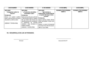 29 DE MARZO 30 DE MARZO 31 DE MARZO 01 DE ABRIL 02 DE ABRIL
Actividad:
“Indagamos sobre la
vacuna”
Evidencia:
Informe con sustento científico
sobre la vacuna que es una forma
de prevenir y cuidar su salud.
(CIENCIA Y TECNOLOGIA)
Actividad:
“¿Todos los utensilios
transmiten calor”
Evidencia:
Explicaciónescrita para su familia
y otras familias sobre el material
del cual deben estar hechos los
utensiliosquese van a emplearen
la preparación de comidas
calientes o frías, brindando el
sustento científico.
(CIENCIA Y TECNOLOGIA)
Actividad:
“Apreciamos y
elaboramos creativamente
un panel del buen inicio
escolar”
Evidencia:
Aprecia diversos carteles, afiches
donde demuestran el buen inicio
escolar.
Elabora un panel de bienvenida
por el buen inicio del año escolar.
(ARTE Y CULTURA)
FERIADO POR SEMANA
SANTA
FERIADO POR SEMANA
SANTA
VII. DESARROLLO DE LAS ACTIVIDADES:
Director Asesordel 5to”A”
 