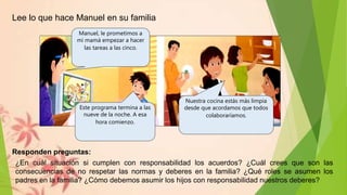 Lee lo que hace Manuel en su familia
Manuel, le prometimos a
mi mamá empezar a hacer
las tareas a las cinco.
Nuestra cocina estás más limpia
desde que acordamos que todos
colaboraríamos.
Este programa termina a las
nueve de la noche. A esa
hora comienzo.
Responden preguntas:
¿En cuál situación si cumplen con responsabilidad los acuerdos? ¿Cuál crees que son las
consecuencias de no respetar las normas y deberes en la familia? ¿Qué roles se asumen los
padres en la familia? ¿Cómo debemos asumir los hijos con responsabilidad nuestros deberes?
 