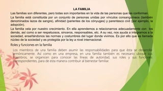 LA FAMILIA
Las familias son diferentes, pero todas son importantes en la vida de las personas que las conforman.
La familia está constituida por un conjunto de personas unidas por vínculos consanguíneos (también
denominados lazos de sangre), afinidad (parientes de los cónyuges) y parentesco civil (por ejemplo, la
adopción).
La familia vela por nuestro crecimiento. En ella aprendemos a relacionarnos adecuadamente con los
demás, así como a ser respetuosos, sinceros, responsables, etc. A su vez, nos ayuda a integrarnos a la
sociedad, enseñándonos las normas y costumbres del lugar donde vivimos. Es por ello que es llamada
núcleo de la sociedad y es protegida por la ley a nivel internacional.
Roles y funciones en la familia
Los miembros de una familia deben asumir las responsabilidades para que ésta se desarrolle
armónicamente. Así como en una empresa, en una familia también es necesario ubique sus
miembros, se organicen para conocer las líneas de autoridad, sus roles y sus funciones
correspondientes, para de esta manera contribuir al bienestar familiar.
 