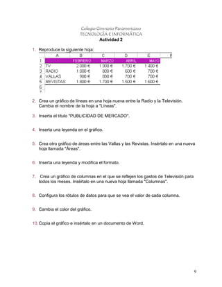 Colegio Gimnasio Panamericano
                        TECNOLOGÍA E INFORMÁTICA
                                  Actividad 2

1. Reproduce la siguiente hoja:




2. Crea un gráfico de líneas en una hoja nueva entre la Radio y la Televisión.
   Cambia el nombre de la hoja a "Líneas".

3. Inserta el título "PUBLICIDAD DE MERCADO".


4. Inserta una leyenda en el gráfico.


5. Crea otro gráfico de áreas entre las Vallas y las Revistas. Insértalo en una nueva
   hoja llamada "Áreas".


6. Inserta una leyenda y modifica el formato.


7. Crea un gráfico de columnas en el que se reflejen los gastos de Televisión para
   todos los meses. Insértalo en una nueva hoja llamada "Columnas".


8. Configura los rótulos de datos para que se vea el valor de cada columna.


9. Cambia el color del gráfico.


10. Copia el gráfico e insértalo en un documento de Word.




                                                                                     9
 