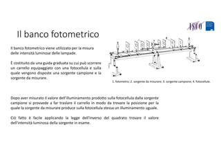 Il banco fotometrico
1. fotometro; 2. sorgente da misurare; 3. sorgente campione; 4. fotocellule.
Il banco fotometrico viene utilizzato per la misura 
delle intensità luminose delle lampade.
È costituito da una guida graduata su cui può scorrere
un carrello equipaggiato con una fotocellula e sulla
quale vengono disposte una sorgente campione e la
sorgente da misurare.
Dopo aver misurato il valore dell'illuminamento prodotto sulla fotocellula dalla sorgente
campione si provvede a far traslare il carrello in modo da trovare la posizione per la
quale la sorgente da misurare produce sulla fotocellula stessa un illuminamento uguale.
Ciò fatto è facile applicando la legge dell'inverso del quadrato trovare il valore
dell'intensità luminosa della sorgente in esame.
 