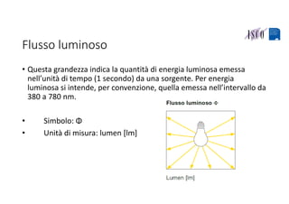 Flusso luminoso
• Questa grandezza indica la quantità di energia luminosa emessa 
nell’unità di tempo (1 secondo) da una sorgente. Per energia 
luminosa si intende, per convenzione, quella emessa nell’intervallo da 
380 a 780 nm. 
• Simbolo: Φ 
• Unità di misura: lumen [lm]
 