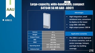 AAU
 A9611
Large-capacity, wide-bandwidth, compact
64T64R 5G NR AAU - A9611
 High integration, small
windward area, convenient
to deploy on the tower
 Large IBW: 200 MHz
 High output power: 200 W
 The A9611 can be deployed
in various scenarios, such as
sector coverage, hotspot,
and high rise building
coverage.
Advantages
Application scenarios
Volume 57 L
Weight 40 kg
Output Power 200 W
IBW 200 MHz
OBW 100 MHz
Operating Band
S35: 3400-3700 MHz
S37: 3600-3800 MHz
Antenna Gain 25 dBi
机密▲
 