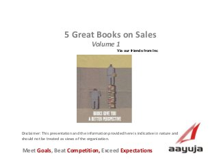 AAyuja © 2013
Disclaimer: This presentation and the information provided here is indicative in nature and
should not be treated as views of the organization.
5 Great Books on Sales
Meet Goals, Beat Competition, Exceed Expectations
Volume 1
Via our friends from Inc
 