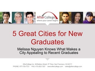5 Great Cities for New
Graduates
Melissa Nguyen Knows What Makes a
City Appealing to Recent Graduates
AfterCollege Inc. 98 Battery Street, 5th Floor, San Francisco, CA 94111
PHONE: 877-725-7721 · FAX: 415-263-1307 · www.aftercollege.com · sales@aftercollege.com

 