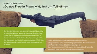 5	
  
Damit	
  Teilnehmer	
  das	
  Gelernte	
  verinnerlichen,	
  müssen	
  sie	
  
Erfolgserlebnisse	
  unter	
  realen	
  Bedingungen	
  erzielen.	
  Nur	
  so	
  können	
  wir	
  
alte	
  Muster	
  brechen	
  und	
  die	
  lähmende	
  Angst	
  vor	
  	
  
dem	
  Scheitern	
  nehmen.	
  Wir	
  brauchen	
  den	
  Kontext.	
  Das	
  Erleben.	
  Die	
  
Ausbildung	
  muss	
  über	
  den	
  Seminarraum	
  hinausgehen!	
  
Der	
  Weg	
  des	
  Gelernten	
  vom	
  Seminar	
  in	
  den	
  Verkäuferalltag	
  
ist	
  o^	
  unüberwindbar,	
  was	
  in	
  der	
  Natur	
  des	
  Angebots	
  liegt:	
  
Es	
  geht	
  nie	
  um	
  die	
  Person	
  und	
  den	
  konkreten	
  Kontext,	
  in	
  
dem	
  sich	
  der	
  Verkäufer	
  beﬁndet.	
  Die	
  ‚Übersetzung‘	
  bleibt	
  
ihm	
  überlassen.	
  Das	
  führt	
  o^	
  zu	
  dem	
  paradoxen	
  Eﬀekt,	
  dass	
  
der	
  Teilnehmer	
  nach	
  dem	
  Seminar	
  noch	
  demo@vierter	
  ist	
  als	
  
vorher.	
  
3: REALITÄTSFERNE!
„Ob aus Theorie Praxis wird, liegt am Teilnehmer “!
 