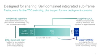 14
Unlicensed spectrum
Listen-before-talk headers e.g.
clear Channel Assessment (CCA)
and hidden node discovery
Designed for sharing: Self-contained integrated sub-frame
Faster, more flexible TDD switching, plus support for new deployment scenarios
D2D, mesh and relay
Headers for e.g. direction
of the link for dynamic
distributed scheduling
Adaptive UL/DL
Flexible configuration for
capacity allocation; also
dynamic on a per-cell basis
Massive MIMO
Leveraging channel
reciprocity in UL transmission
for DL beamforming training
Guard
Period
Add’l
headers
ACK
(Rx)
Ctrl
(Tx)
Data
(Tx)
Example: TDD downlink
 
