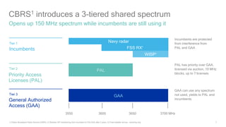 7
CBRS1 introduces a 3-tiered shared spectrum
Opens up 150 MHz spectrum while incumbents are still using it
1) Citizen Broadband Radio Service (CBRS); 2) Wireless ISP transitioning from incumbent to PAL/GAA after 5 years; 3) Fixed satellite service – receiving only
Incumbents are protected
from interference from
PAL and GAA
PAL has priority over GAA,
licensed via auction, 10 MHz
blocks, up to 7 licenses
GAA can use any spectrum
not used, yields to PAL and
incumbents
Incumbents
Priority Access
Licenses (PAL)
General Authorized
Access (GAA)
Tier 1
Tier 2
Tier 3
Navy radar
FSS RX3
PAL
WISP2
3550 3600 3700 MHz3650
GAA
 
