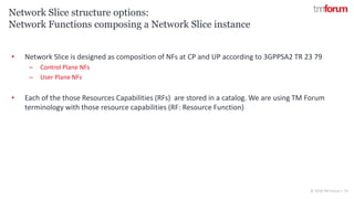 CONFIDENTIAL © 2018 TM Forum | 14
• Network Slice is designed as composition of NFs at CP and UP according to 3GPPSA2 TR 23 79
– Control Plane NFs
– User Plane NFs
• Each of the those Resources Capabilities (RFs) are stored in a catalog. We are using TM Forum
terminology with those resource capabilities (RF: Resource Function)
Network Slice structure options:
Network Functions composing a Network Slice instance
 