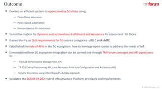 CONFIDENTIAL © 2018 TM Forum | 21
▪ Devised an efficient system to operationalize 5G slices using:
― Closed loop assurance
― Policy-based automation
― Domain/service Orchestration
▪ Tested the system for dynamic and autonomous Fulfillment and Assurance for concurrent 5G Slices
▪ Gained clarity on QoS requirements for 5G service categories: uRLLC and uMTC
▪ Established the role of APIs in the 5G ecosystem: how to leverage open source to address the needs of IoT
▪ Demonstrated how 5G ecosystem integration can be carried out through TM Forum concepts and API operations
in:
― TM 628 Performance Management API,
― TR 255 Entity Provisioning API, (aka Resources Function Configuration and Activation API)
― Service Assurance using intent based SLA/OLA approach
▪ Validated the ZOOM TR 262 Hybrid Infrastructure Platform principles and requirements
Outcome
 