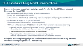 5G Essentials: Slicing Model Considerations
• Expose technology neutral connectivity models for e2e Service (CFS) and exposed
Resource Services (RFS)
- Decouple exposed service from internal technical implementation
(vendor and technology specific aspects)
- Achieved by use of Connectivity Model using exposed (simple) service topology, flows and features
- Allows hybrid 5G legacy for 5G slicing capabilities
(decouples connectivity models from technology evolution
- TM Forum solution defined in TR 255 Connectivity Model ( requirement and use case) covering:
• Features constraints and topology models linked to GB 922 Logical Resource Models
(Eases integration with Information framework based OSS /BSS e.g. SDC)
• The connectivity model is also supported in an intent-based API.
• Mapping /integration with detailed resource models and topology e.g. 5G
(managed independently by Operational Management e.g. SDC recipes and templates)
• End point modelling for aggregation and concatenation of subnetworks using different
internal technologies (multi-SDO discussion )
 