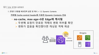 성능 최적화 설정방안02 |
1. 콘텐츠 유형별 배포정책 설정 및 예시 > 1.2. Dynamic Contents
객체별 Cache-control header를 이용한 Dynamic Contents 전송
• no-cache, max-age=0은 Edge에 캐시됨
 두번째 요청이 만료된 객체의 변화 여부를 확인
 변화가 없음을 확인했다면 캐싱된 객체 제공
10ms
Origins
Cache
Miss
90ms
 