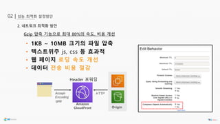 성능 최적화 설정방안02 |
2. 네트워크 최적화 방안
Gzip 압축 기능으로 최대 80%의 속도, 비용 개선
• 1KB ~ 10MB 크기의 파일 압축
• 텍스트위주 js, css 등 효과적
• 웹 페이지 로딩 속도 개선
• 데이터 전송 비용 절감
Accept-
Encoding
:gzip
HTTP
Amazon
CloudFront Origin
Header 포워딩
 