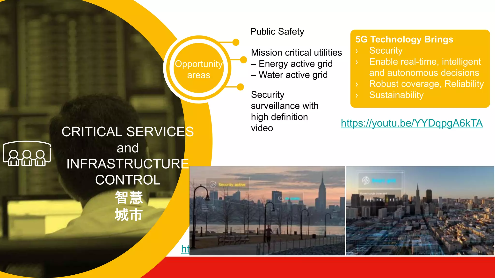 CRITICAL SERVICES
and
INFRASTRUCTURE
CONTROL
5G Technology Brings
› Security
› Enable real-time, intelligent
and autonomous decisions
› Robust coverage, Reliability
› Sustainability
Opportunity
areas
Public Safety
Mission critical utilities
– Energy active grid
– Water active grid
Security
surveillance with
high definition
video
https://youtu.be/ouRRbbUJNwA
智慧
城市
https://youtu.be/YYDqpgA6kTA
 