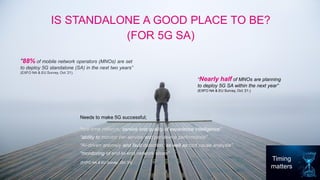 IS STANDALONE A GOOD PLACE TO BE?
(FOR 5G SA)
Timing
matters
“88% of mobile network operators (MNOs) are set
to deploy 5G standalone (SA) in the next two years”
(EXFO NA & EU Survey, Oct.’21).
“Nearly half of MNOs are planning
to deploy 5G SA within the next year”
(EXFO NA & EU Survey, Oct.’21.)
Needs to make 5G successful;
“real-time network, service and quality of experience intelligence”
“ability to monitor per-service and per-device performance”
“AI-driven anomaly and fault detection, as well as root cause analysis”
“monitoring of end-to-end network slices”
(EXFO NA & EU Survey, Oct.’21)
 
