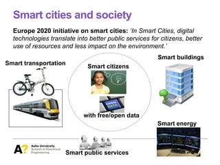 Smart cities and society
Europe 2020 initiative on smart cities: ‘In Smart Cities, digital
technologies translate into better public services for citizens, better
use of resources and less impact on the environment.’
Smart buildings
Smart transportation
Smart energy
with free/open data
Smart citizens
Smart public services
 