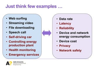 Just think few examples …
•  Web surfing
•  Streaming video
•  File downloading
•  Speech call
•  Self-driving car
•  Controlling energy
production plant
•  Health monitoring
•  Emergency services
•  Data rate
•  Latency
•  Reliability
•  Device and network
energy consumption
•  Device cost
•  Privacy
•  Network safety
 