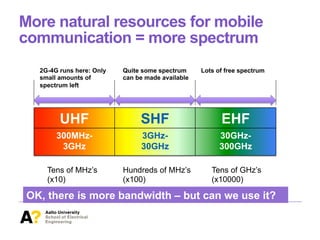 More natural resources for mobile
communication = more spectrum
UHF SHF EHF
300MHz-
3GHz
3GHz-
30GHz
30GHz-
300GHz
2G-4G runs here: Only
small amounts of
spectrum left
Quite some spectrum
can be made available
Lots of free spectrum
Tens of MHz’s
(x10)
Hundreds of MHz’s
(x100)
Tens of GHz’s
(x10000)
OK, there is more bandwidth – but can we use it?
 