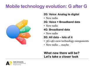 Mobile technology evolution: G after G
2G: Voice: Analog to digital
•  New radio
3G: Voice + Broadband data
•  New radio
4G: Broadband data
•  New radio
5G: All data – lots of it
•  3G+4G+new technology components
•  New radio … maybe
3G
4G
What new there will be?
Let’s take a closer look
 