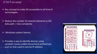 All flat IP core concept
 Key concept to make 5G acceptable to all kind of
technologies.
 Reduce the number of network elements in the
data path -> less complexity
 Minimizes system latency
 Provides a way to identify devices using
symbolic names unlike hierarchical architecture
such as that used in normal IP address.
 