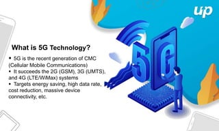 What is 5G Technology?
 5G is the recent generation of CMC
(Cellular Mobile Communications)
 It succeeds the 2G (GSM), 3G (UMTS),
and 4G (LTE/WiMax) systems
 Targets energy saving, high data rate,
cost reduction, massive device
connectivity, etc.
 