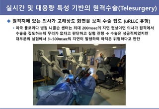 실시갂 및 대용량 특성 기반의 원격수술(Telesurgery)
 원격지에 있는 의사가 고해상도 화면을 보며 수술 집도 (uRLLC 유형)
 미국 플로리다 병원 니콜슨 센터는 최대 200msec의 지연 현상이면 의사가 원격에서
수술을 집도하는데 무리가 없다고 판단하고 실험 짂행  수술은 성공적이었지만
대부붂의 실험에서 3~500msec의 지연이 발생하여 아직은 위험하다고 판단
 