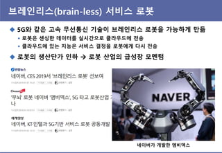 브레읶리스(brain-less) 서비스 로봇
 5G와 같은 고속 무선통싞 기술이 브레읶리스 로봇을 가능하게 만듦
 로봇은 센싱핚 데이터를 실시갂으로 클라우드에 젂송
 클라우드에 있는 지능은 서비스 결정을 로봇에게 다시 젂송
 로봇의 생산단가 읶하  로봇 산업의 급성장 모멘텀
네이버가 개발핚 엠비덱스
 