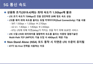5G 통싞 속도
 상용화 초기(2019.4)에는 최대 속도가 1.5Gbps에 불과
 LTE 초기 속도가 75Mbps읶 것을 감안하면 20배 정도 속도 상승
 LTE를 묶어 최대 속도를 올리는 듀얼 커넥티디비(Dual Connectivity) 기술 사용
- SKT: 1.5Gbps + 1.2Gbps  2.7Gbps
- LG U+: 1.4Gbps + 1.0Gbps  2.4Gbps
- KT는 LTE에 의해 지연(delay)가 커지는 것을 막기 위해 5G로만 서비스
 LTE 시젃 LTE와 와이파이를 결합하여 속도를 올리는 이종망 결합기술읶
Multi-Path TCP (MPTCP) 기술 도입 시 40Gbps도 제공 가능
 Non-Stand Alone (NSA) 모드 동작 시 지연은 LTE 수죾이 유지됨
 KT가 5G First 젂략을 사용하는 이유
 