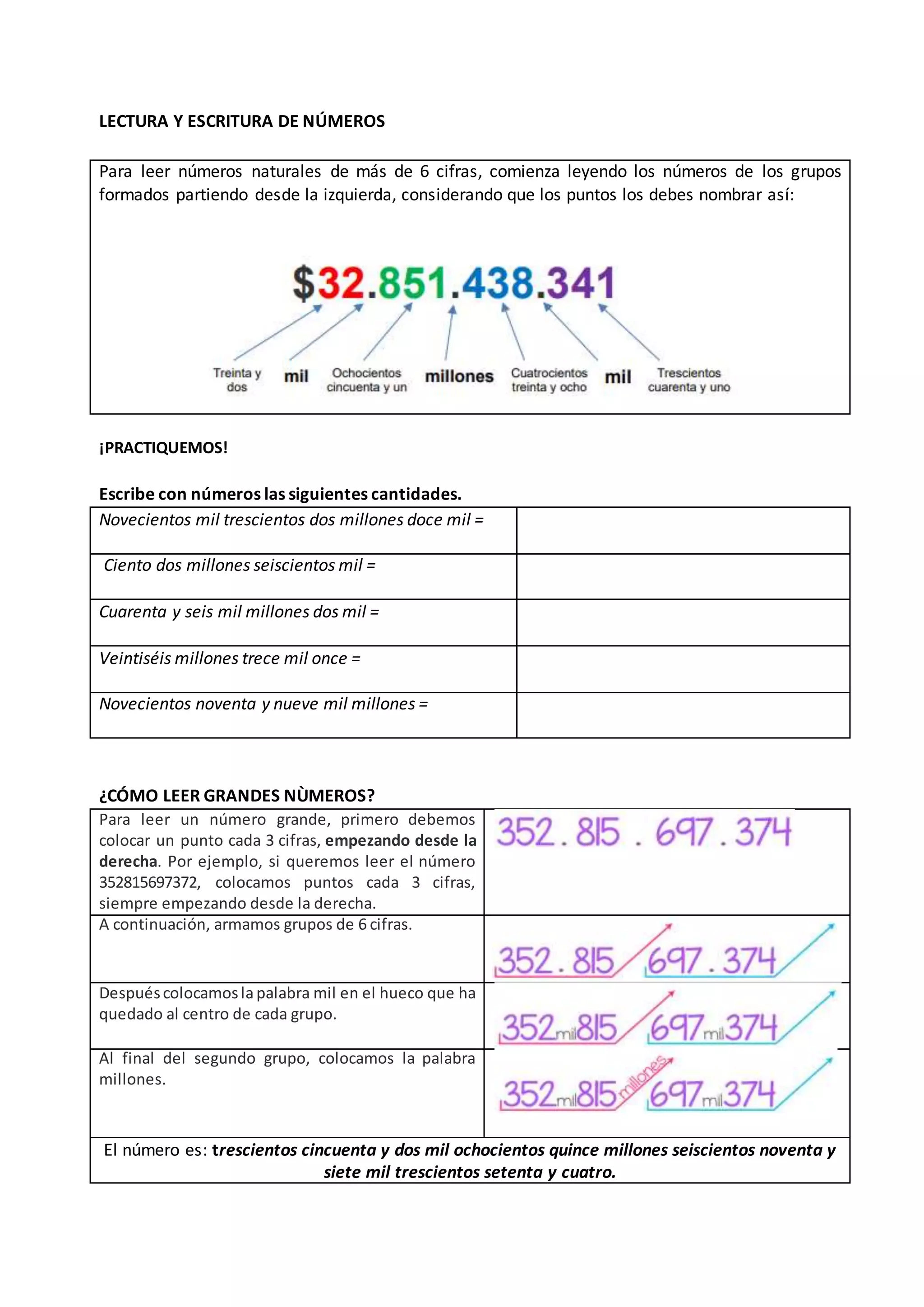 GUÍA LECTURA Y ESCRITURA DE GRANDES NÚMEROS (5º BASICO) | DOCX