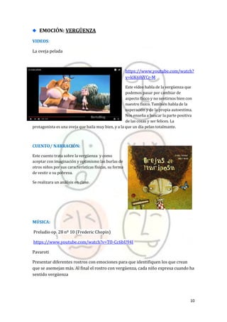 10
EMOCIÓN: VERGÜENZA
VIDEOS:
La oveja pelada
https://www.youtube.com/watch?
v=klK6f6YCr-M
Este vídeo habla de la vergüenza que
podemos pasar por cambiar de
aspecto físico y no sentirnos bien con
nuestro físico. También habla de la
superación y de la propia autoestima.
Nos enseña a buscar la parte positiva
de las cosas y ser felices. La
protagonista es una oveja que baila muy bien, y a la que un día pelan totalmante.
CUENTO/ NARRACIÓN:
Este cuento trata sobre la vergüenza y como
aceptar con imaginación y optimismo las burlas de
otros niños por sus características físicas, su forma
de vestir o su pobreza.
Se realizara un análisis en clase.
MÚSICA:
Preludio op. 28 nº 10 (Frederic Chopin)
https://www.youtube.com/watch?v=TO-Cc6bU94I
Pavaroti
Presentar diferentes rostros con emociones para que identifiquen los que crean
que se asemejan más. Al final el rostro con vergüenza, cada niño expresa cuando ha
sentido vergüenza
 
