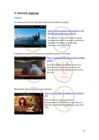 12
EMOCIÓN: AMISTAD
VIDEOS:
La unión hace la fuerza: Ejemplos animales de trabajo en equipo.
https://www.youtube.com/watch?v=7_Qj
WnQ9L_g&amp;feature=youtu.be
Nos muestra la fuerza del trabajo en equipo.
Son pequeños sketch de animales ayudándose:
pingüinos, hormigas y cangrejos. Muy
ilustrativo, corto y divertido.
Compañeros de polvo: El valor de la amistad y ayudar a los demás.
https://www.youtube.com/watch?v=d90JIE
gxE20
Se trata de trabajar la amistad a través de la
ayuda mutua. Los personajes son motas de
polvo que huyen de la aspiradora. Muy tierno y
gracioso.
Monsterbox. Educación Emocional. Amistad.
https://www.youtube.com/watch?v=OczEHXRU9
WU
Este vídeo es un cuento que tiene por
protagonistas un viejo jardinero y una niña y sus
mascotas monstruos. Y la amistad que surge entre
ellos.
 