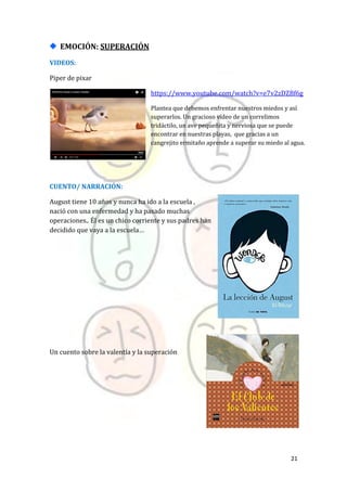 21
EMOCIÓN: SUPERACIÓN
VIDEOS:
Piper de pixar
https://www.youtube.com/watch?v=e7v2zDZBf6g
Plantea que debemos enfrentar nuestros miedos y así
superarlos. Un gracioso vídeo de un correlimos
tridáctilo, un ave pequeñita y nerviosa que se puede
encontrar en nuestras playas, que gracias a un
cangrejito ermitaño aprende a superar su miedo al agua.
CUENTO/ NARRACIÓN:
August tiene 10 años y nunca ha ido a la escuela ,
nació con una enfermedad y ha pasado muchas
operaciones.. Él es un chico corriente y sus padres han
decidido que vaya a la escuela…
Un cuento sobre la valentía y la superación
 