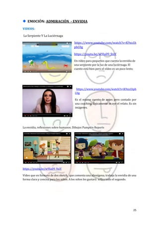 25
EMOCIÓN: ADMIRACIÓN - ENVIDIA
VIDEOS:
La Serpiente Y La Luciérnaga
https://www.youtube.com/watch?v=K9xx1h
phC0g
https://youtu.be/w9Iu09_9ziY
Un vídeo para pequeños que cuenta la envidia de
una serpiente por la luz de una luciérnaga. El
cuento está bien pero el vídeo es un poco lento.
https://www.youtube.com/watch?v=K9xx1hph
C0g
Es el mismo cuento de antes pero contado por
una coaching. Únicamente se oye el relato. Es sin
imágenes.
La envidia, reflexiones sobre humanos. Dibujos Pumpkin Reports
https://youtu.be/w9Iu09_9ziY
Vídeo que en formato de dos sketch, que comenta una alienígena, trabaja la envidia de una
forma clara y concisa para los niños. A los niños les gustará sobre todo el segundo.
 