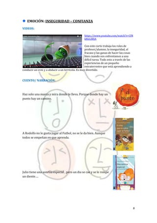 8
EMOCIÓN: INSEGURIDAD – CONFIANZA
VIDEOS:
https://www.youtube.com/watch?v=l3N
kBzGZRJA
Con este corto trabaja los roles de
profesor/alumno, la inseguridad, el
fracaso y las ganas de hacer las cosas
bien cuando nos enfrentamos a una
difícil tarea. Todo esto a través de las
experiencias de un pequeño
extraterrestre que está aprendiendo a
conducir un ovni y a abducir a un terrícola. Es muy divertido.
CUENTO/ NARRACIÓN:
Haz solo una marca y mira donde te lleva. Porque donde hay un
punto hay un camino.
A Rodolfo no le gusta jugar al Futbol, no se le da bien. Aunque
todos se empeñan en que aprenda.
Julio tiene una sonrisa especial , pero un dia se cae y se le rompe
un diente….
 