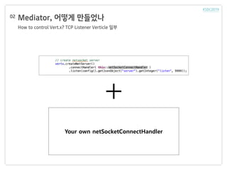 Mediator, 어떻게 만들었나
How to control Vert.x? TCP Listener Verticle 일부
02
Your own netSocketConnectHandler
 