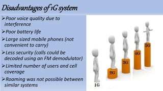 Disadvantagesof 1Gsystem
Poor voice quality due to
interference
Poor battery life
Large sized mobile phones (not
convenient to carry)
Less security (calls could be
decoded using an FM demodulator)
Limited number of users and cell
coverage
Roaming was not possible between
similar systems
 