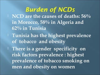 Burden of NCDs
   NCD are the causes of deaths: 56%
    in Morocco, 58% in Algeria and
    62% in Tunisia
   Tunisia has the highest prevalence
    of tobacco and obesity
   There is a gender specificity on
    risk factors prevalence : highest
    prevalence of tobacco smoking on
    men and obesity on women
 